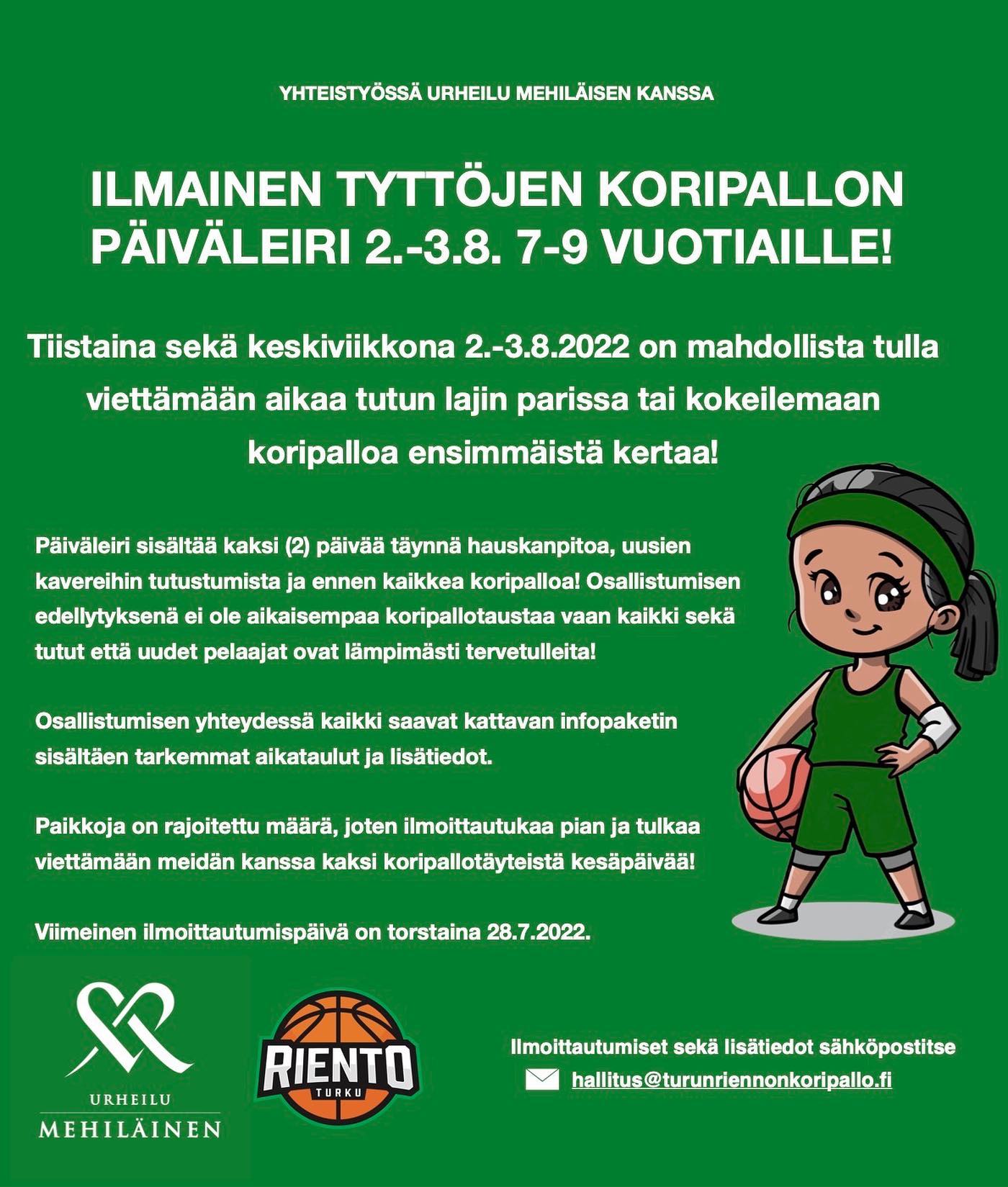 Elokuussa 2.-3.8 järjestämme ILMAISEN kesäleirin 7-9 vuotiaille yhteistyössä @urheilumehilainen kanssa 💚
Kaikki sekä tutut että uudet pelaajat ovat lämpimästi tervetulleita ⛹🏽♀️
. . . . . . . . . .
I augusti ordnar vi ett dagsläger i samarbete med @urheilumehilainen som är GRATIS 💚
Både gamla samt nya spelare är varmt välkomna att spendera två idrottsfyllda sommardagar med oss! ⛹🏽♀️