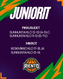 Kaudella 2025-2026 Turun Riennolla on seuraavat juniori koripallojoukkueet.Pikkusudet (4-5 vuotiaat)Harjoitukset Sirkkalan koululla sunnuntaina klo 12-13Treenit alkavat sunnuntaina 31.8.Sisältyy koripalloliiton pallo ja kausituote100 €/lukukausi tai  180 €/koko kausi + seuran jäsenmaksu 5€Pikkusudet (6-7 vuotiaat)Harjoitukset Sirkkalan koululla sunnuntaina klo 11-12Sisältyy koripalloliiton pallo ja kausituoteKiinnostuksen mukaan osallistutataan lähialueen turnauksiin100 €/lukukausi  tai  180 €/koko kausi + seuran jäsenmaksu 5€Mikrot (2. ja 3. luokkalaiset)Harjoitukset Sirkkalan koululla keskiviikkona klo 17-18 ja sunnuntaina klo 13-14Sisältyy juomapullo sekä palloKiinnostuksen mukaan osallistutataan lähialueen turnauksiin220 €/lukukausi  tai  420 €/koko kausi + seuran jäsenmaksu 5€Tällä kaudella toimimme yhteistyössä BC Turun kanssa ja olemme yhtenäistäneet toimintaamme! Erityisesti Mikrojen osalta pyrimme yhteistyöhön, Riennon alle rakennamme enemmän joukkuetta tytöille ja BC Turun alle enemmän poikajoukkuetta, mutta molempiin ovat kaikki tervetulleita!Toivottavasti näemmä mahdollisimman monen kanssa viikolla 35!Riento Hallitus